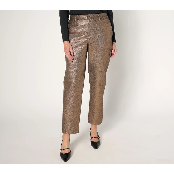 New Womens Joan Rivers Red Carpet Petite Slim Ankle Leg Shimmer Pants Bronze LP - Picture 1 of 8